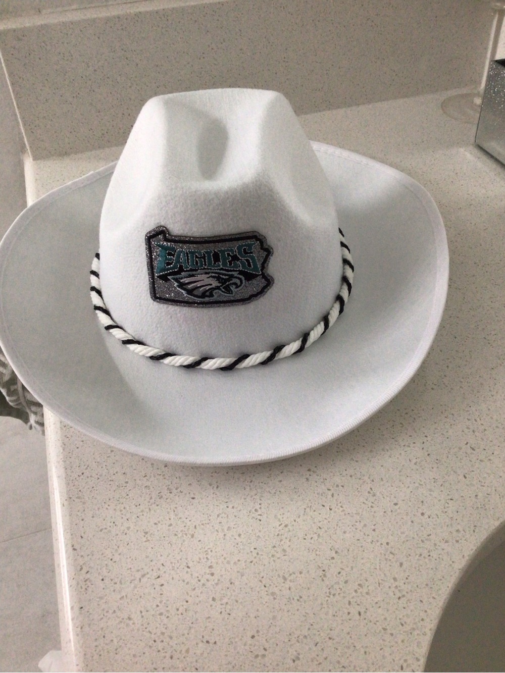 White Cowboy Hat with Team Patch and Twisted Band